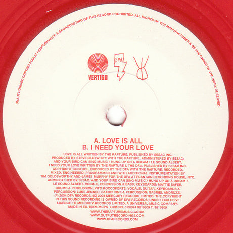 The Rapture : Love Is All (7", Single, Red)