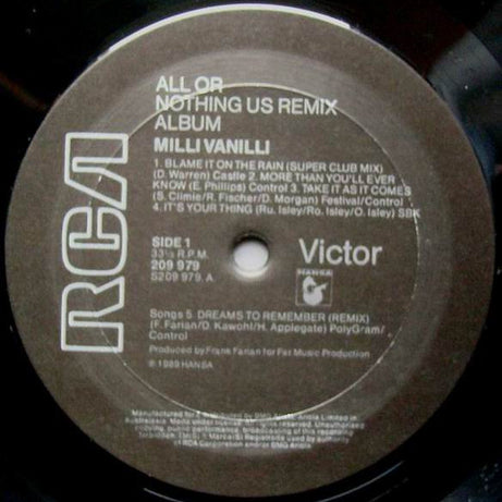 Milli Vanilli : All Or Nothing - The U.S. Remix Album (LP, Album, Gat)