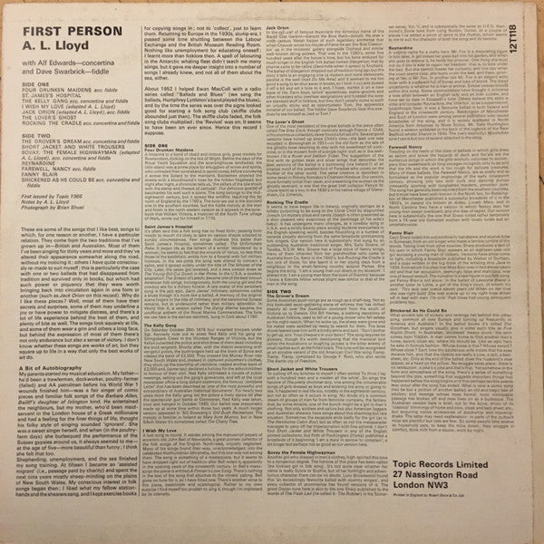 A. L. Lloyd : First Person - Some Of His Favourite Folk Songs (LP, Album)