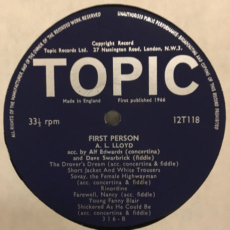 A. L. Lloyd : First Person - Some Of His Favourite Folk Songs (LP, Album)