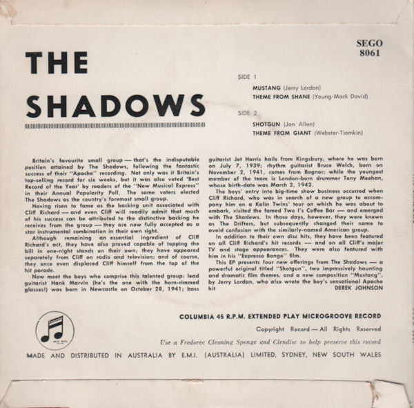 The Shadows : The Shadows (7", EP, Mono)