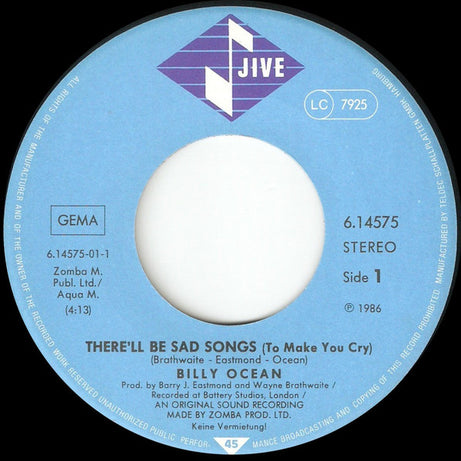 Billy Ocean : There'll Be Sad Songs (To Make You Cry) (7", Single)