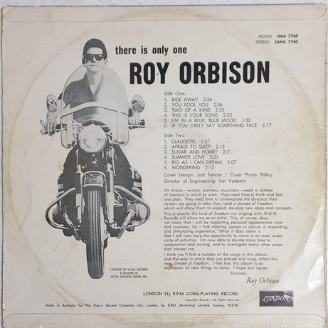 Roy Orbison : There Is Only One Roy Orbison (LP, Album, Mono, Fli)