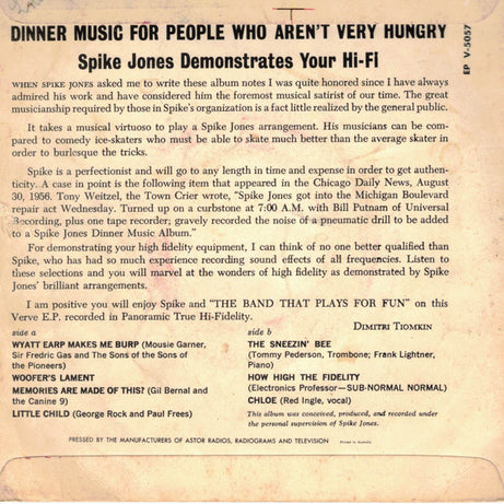 Spike Jones : Dinner Music For People Who Aren't Very Hungry: Spike Jones Demonstrates Your Hi-Fi (Part 2) (7", EP)