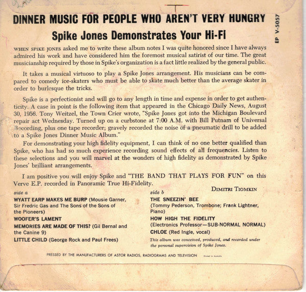 Spike Jones : Dinner Music For People Who Aren't Very Hungry: Spike Jones Demonstrates Your Hi-Fi (Part 2) (7", EP)