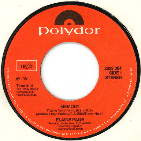 Elaine Paige : Memory (7", Single)