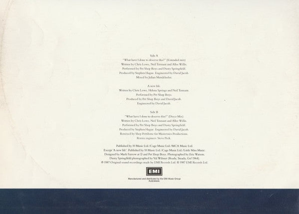 Pet Shop Boys With Dusty Springfield : What Have I Done To Deserve This? (12", Single)