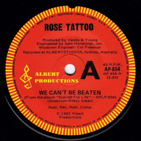 Rose Tattoo : We Can't Be Beaten (7", Single)