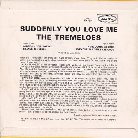 The Tremeloes : Suddenly You Love Me (7", EP)