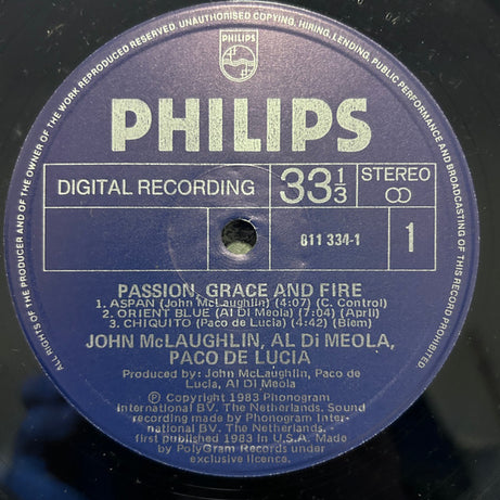 John McLaughlin - Al Di Meola - Paco De Lucía : Passion, Grace & Fire (LP, Album)