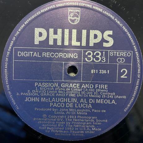 John McLaughlin - Al Di Meola - Paco De Lucía : Passion, Grace & Fire (LP, Album)