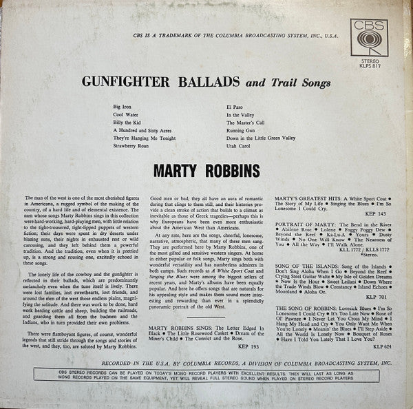 Marty Robbins : Gunfighter Ballads And Trail Songs (LP, Album, RP)