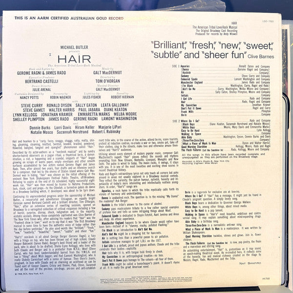 Various : Hair - The American Tribal Love-Rock Musical (The Original Broadway Cast Recording) (LP, Album, RE, Ora)