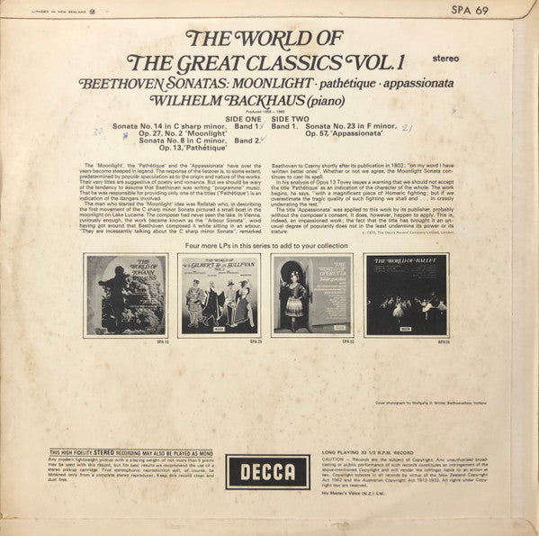 Beethoven*, Wilhelm Backhaus : The World Of The Great Classics Vol. 1: Beethoven Sonatas (LP)