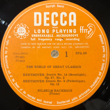 Beethoven*, Wilhelm Backhaus : The World Of The Great Classics Vol. 1: Beethoven Sonatas (LP)
