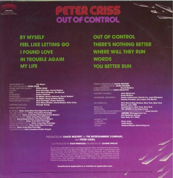 Peter Criss : Out Of Control (LP, Album)