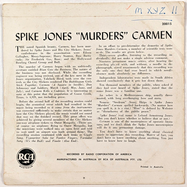 Spike Jones And His City Slickers : Carmen Murdered! Spike Jones Suspected (7", EP)
