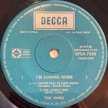 Tom Jones : I'm Coming Home (7", EP, 1st)