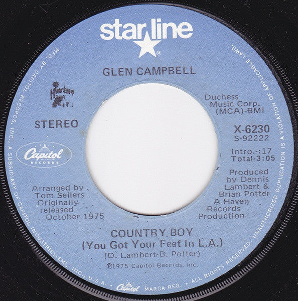 Glen Campbell : Rhinestone Cowboy / Country Boy (You Got Your Feet In L.A.) (7", RE)