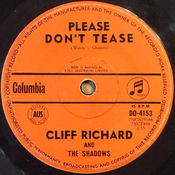 Cliff Richard And The Shadows* : Please Don't Tease (7", Single)