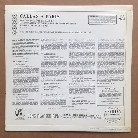 Maria Callas, Georges Prêtre, Orchestre De La Société Des Concerts Du Conservatoire : Callas À Paris (LP, Album)