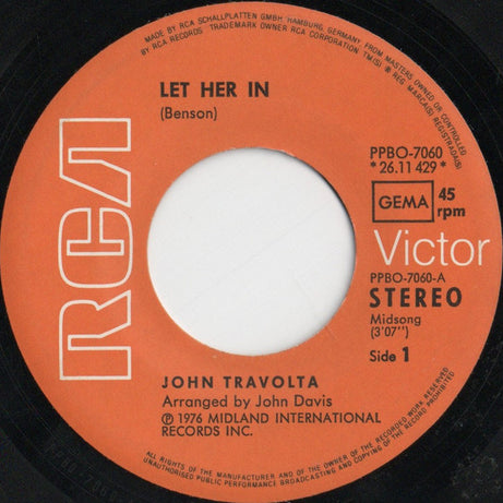 John Travolta : Let Her In / Never Gonna Fall In Love (7", Single)