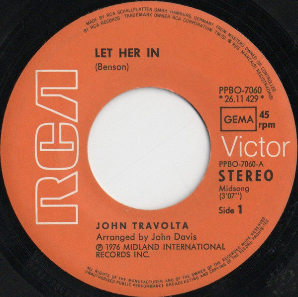 John Travolta : Let Her In / Never Gonna Fall In Love (7", Single)