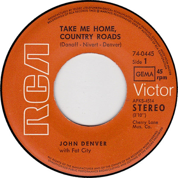 John Denver With Fat City : Take Me Home, Country Roads (7", Single)