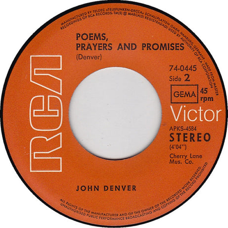 John Denver With Fat City : Take Me Home, Country Roads (7", Single)