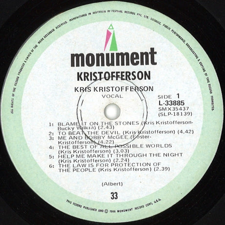 Kris Kristofferson : Kristofferson (LP, Album, RP, Whi)