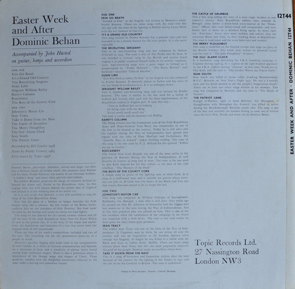 Dominic Behan : Easter Week And After (LP, Album, Mono, RE)