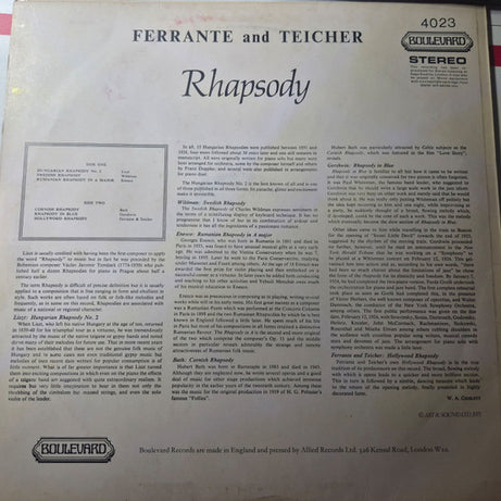 Ferrante & Teicher : Rhapsody (LP, Album, RE)