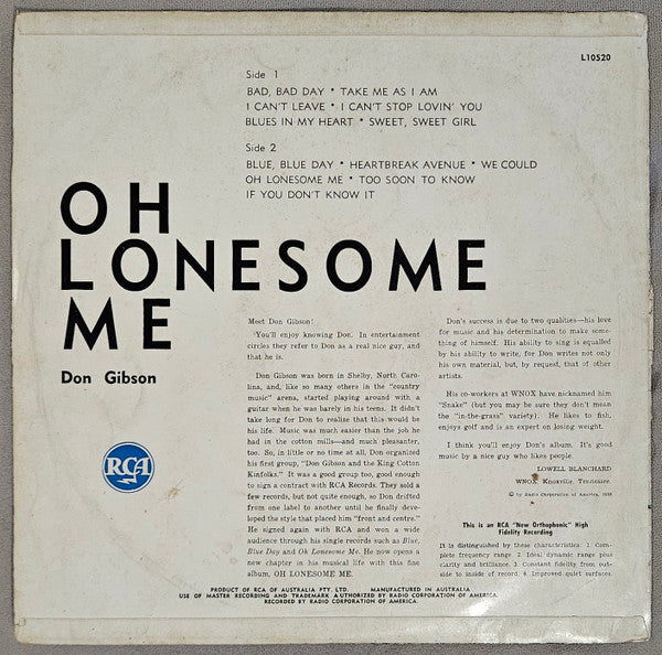 Don Gibson : Oh Lonesome Me (LP, Album, Mono)