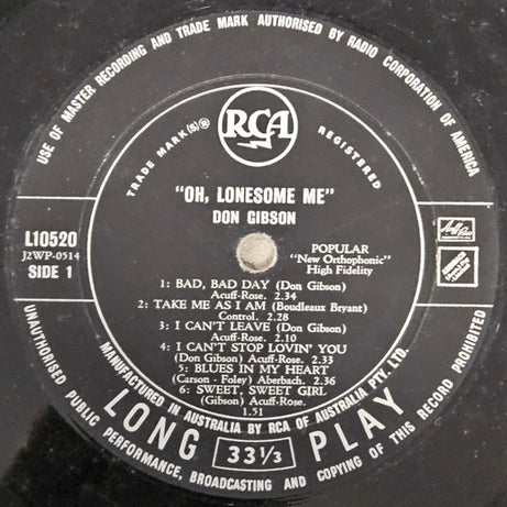 Don Gibson : Oh Lonesome Me (LP, Album, Mono)
