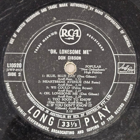 Don Gibson : Oh Lonesome Me (LP, Album, Mono)