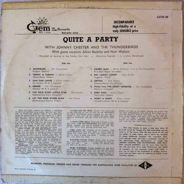 Johnny Chester, The Thunderbirds (9), Jillian Buckley, Noel Watson (4) : Quite A Party (LP)