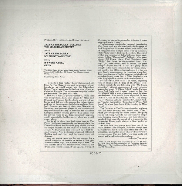 The Miles Davis Sextet : Jazz At The Plaza Volume 1 (LP, Album, RE, RP)