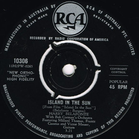 Harry Belafonte With Bob Corman's Orchestra Featuring Millard Thomas, Frantz Casseus And Victor Messer : Island In The Sun (7", Single)