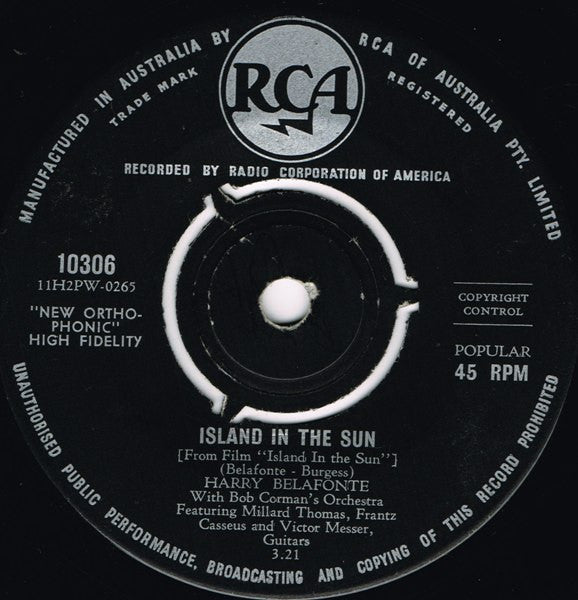 Harry Belafonte With Bob Corman's Orchestra Featuring Millard Thomas, Frantz Casseus And Victor Messer : Island In The Sun (7", Single)