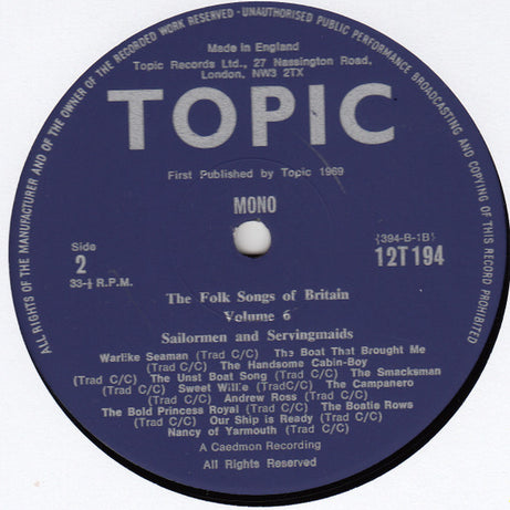 Various : The Folk Songs Of Britain Volume 6: Sailormen & Servingmaids (LP, Comp, RE)