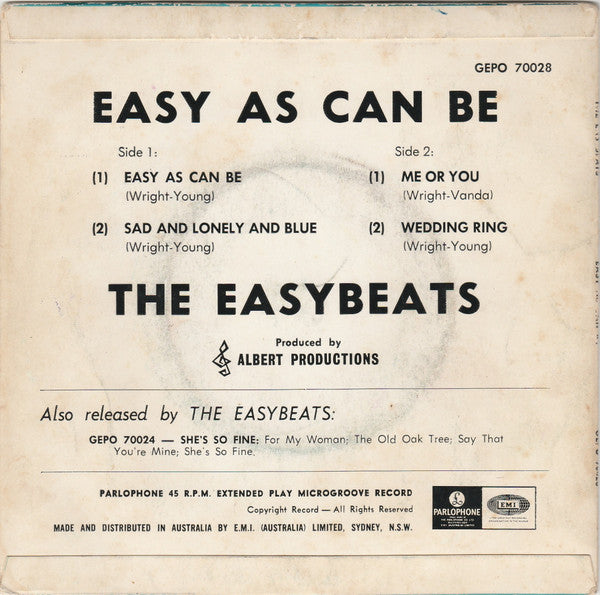 The Easybeats : Easy As Can Be (7", EP, Mono)