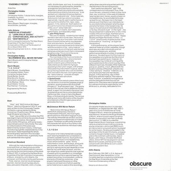 Christopher Hobbs / John Adams / Gavin Bryars : Ensemble Pieces (LP, Gre)