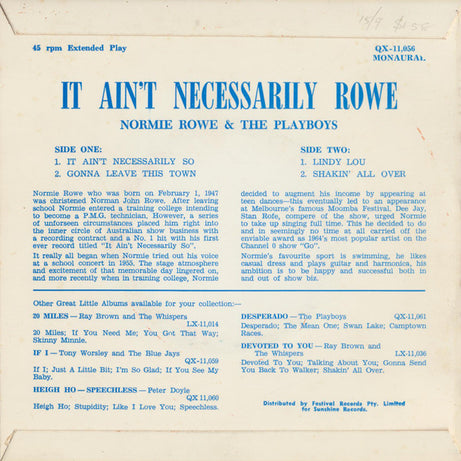 Normie Rowe & The Playboys : It Ain't Necessarily Rowe (7", EP)