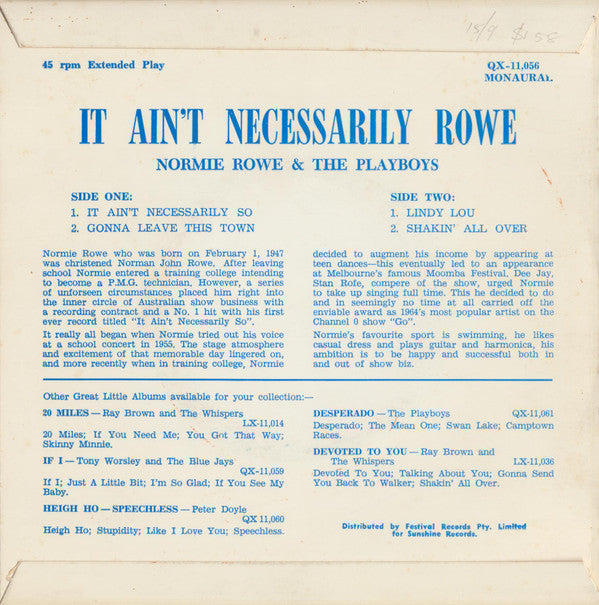 Normie Rowe & The Playboys : It Ain't Necessarily Rowe (7", EP)