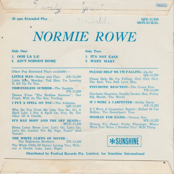 Normie Rowe : Ooh La La! It's Not Easy! (7", EP)