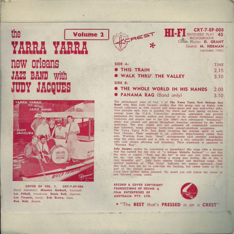 The Yarra Yarra New Orleans Jazz Band With Judy Jacques : Volume 2 (7", EP)