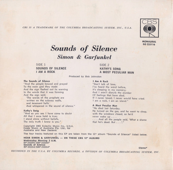 Simon & Garfunkel : Sounds Of Silence  (7", EP, Mono, RE)