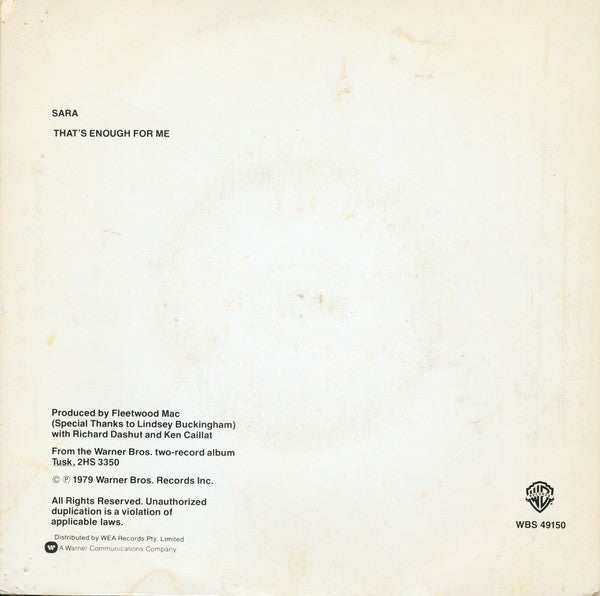 Fleetwood Mac : Sara (7", Single, Pic)