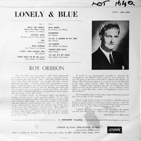 Roy Orbison : Lonely And Blue (LP, Album, Mono)