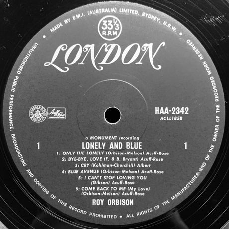 Roy Orbison : Lonely And Blue (LP, Album, Mono)